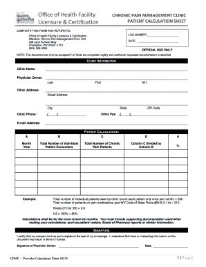 Chronic Pain Management Clinic Patient Calculation Sheet