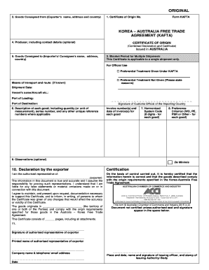 Korea-Australia Free Trade Agreement Certificate of Origin
