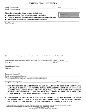 Credit Union Written Complaint Form