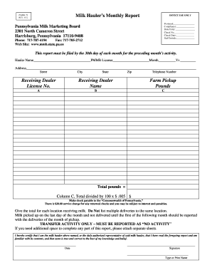Pennsylvania Milk Hauler's Monthly Report
