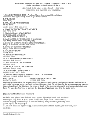 Pradhan Mantri Jeevan Jyoti Bima Yojana Claim Form