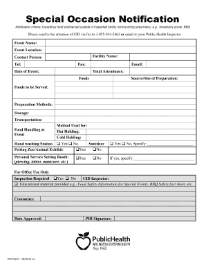 Special Occasion Food Safety Notification