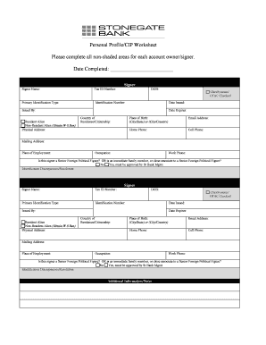 Personal Profile/CIP Worksheet