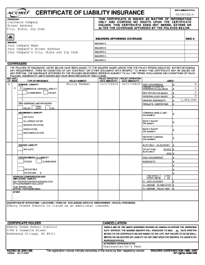 Certificate of Liability Insurance