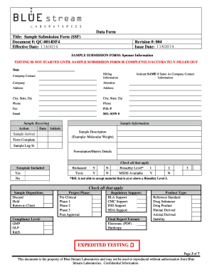 Sample Submission Form for Blue Stream Laboratories