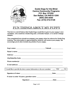 Guide Dog Puppy History Form