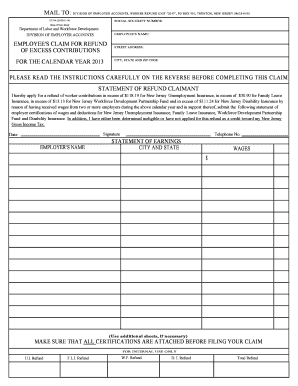 New Jersey Employee's Claim for Refund of Excess Contributions