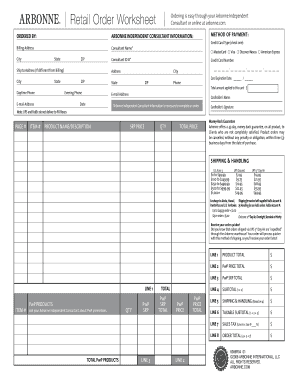 Arbonne Retail Order Worksheet