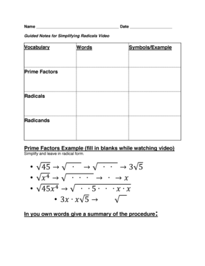 Simplifying Radicals Worksheet