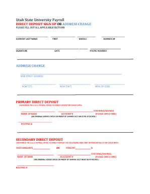 Utah State University Payroll Direct Deposit Form