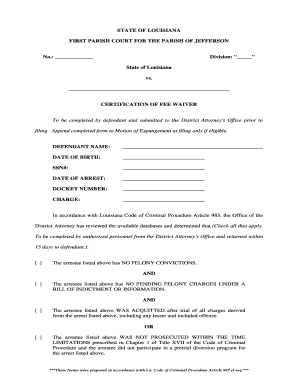 Louisiana Certification of Fee Waiver