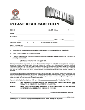 Surf Life Saving Club Membership Waiver