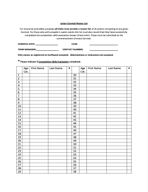 Junior Carnival Master List Form
