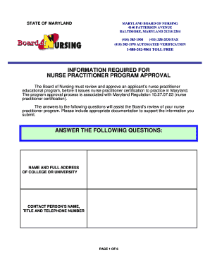 Fillable Online Nurse Practitioner Program Approval Form - Maryland Fax ...