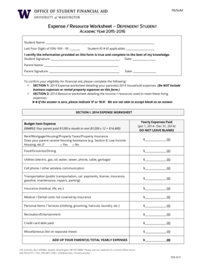 2014 Financial Aid Expense and Resource Worksheet