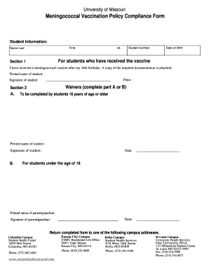 University of Missouri Meningococcal Vaccination Policy Compliance Form