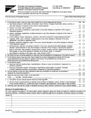 Principal Life Insurance Medical Questionnaire