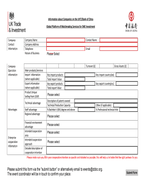 UKTI Bank of China SME Investment Matchmaking Form