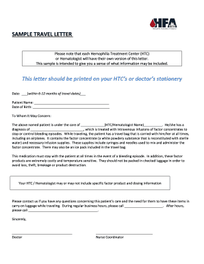 Travel Letter for Hemophilia Patients