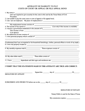 Affidavit of Inability to Pay Costs of Court or Appeal or File Appeal Bond