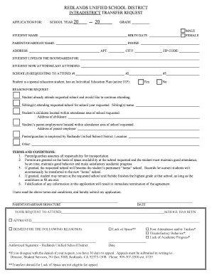 Redlands Unified School District Intradistrict Transfer Request