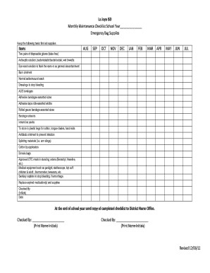 School Emergency Bag Supplies Checklist