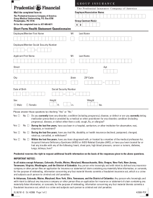 Prudential Group Medical Underwriting Health Statement Questionnaire