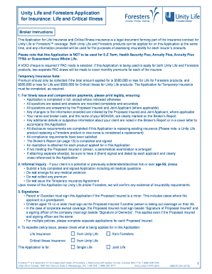 Unity Life and Foresters Insurance Application