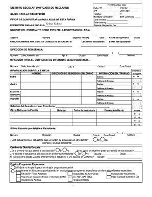 Formulario de Inscripción para la Escuela del Distrito Escolar Unificado de Redlands
