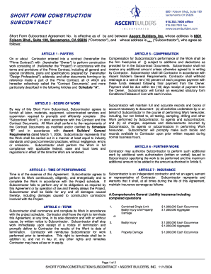 Short Form Construction Subcontract Agreement