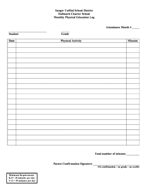 Monthly Physical Education Log