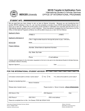 SEVIS Transfer-In Notification Form