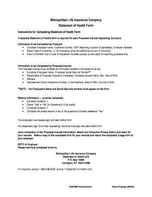 Metropolitan Life Insurance Statement of Health Form