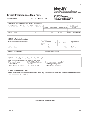 Metropolitan Life Critical Illness Insurance Claim Form