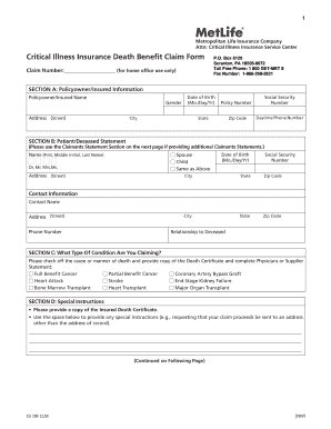 Critical Illness Insurance Death Benefit Claim Form
