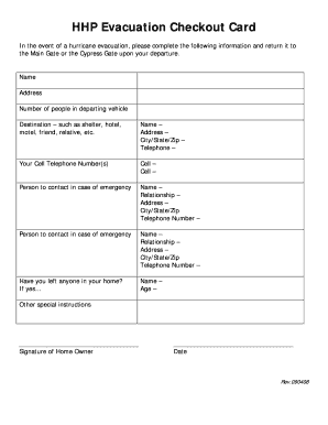 Hurricane Evacuation Checkout Card