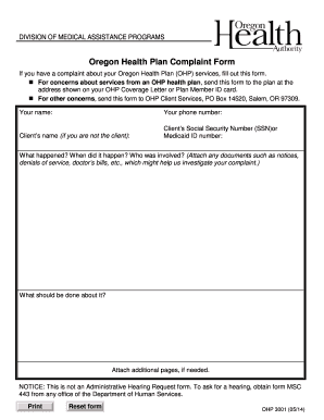 Oregon Health Plan Complaint Form