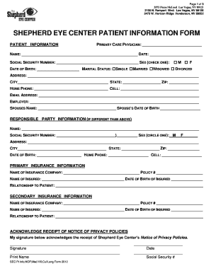 Shepherd Eye Center Patient Information Form
