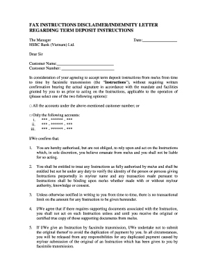 Fax Instructions Disclaimer/Indemnity Letter