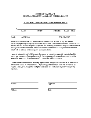Maryland Authorization of Release of Information