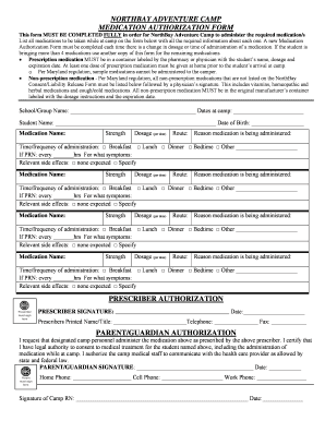 NorthBay Adventure Camp Medication Authorization Form