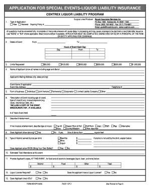 Special Events Liquor Liability Insurance Application