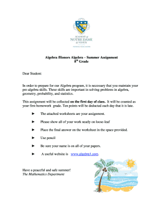 Honors Algebra Summer Assignment