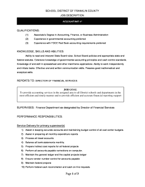 SCHOOL DISTRICT OF FRANKLIN COUNTY JOB DESCRIPTION ACCOUNTANT II* QUALIFICATIONS: (1) Associate 's Degree in Accounting, Finance, or Business Administration (2) Experience in governmental accounting preferred (3) Experience with FDOE Red