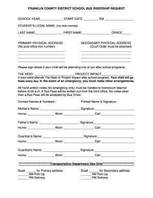 Franklin County School Bus Ridership Request