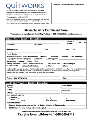 Massachusetts Tobacco Cessation Enrollment Form