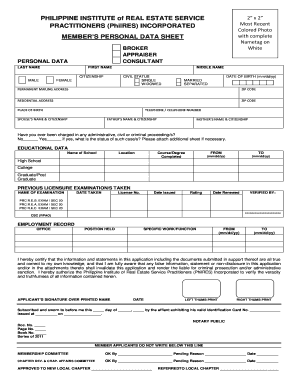 Philippine Real Estate Practitioner Personal Data Sheet