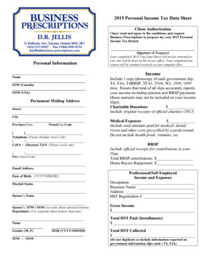 2015 Personal Income Tax Data Sheet