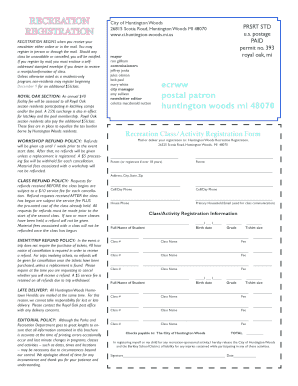 Huntington Woods Recreation Class Registration Form