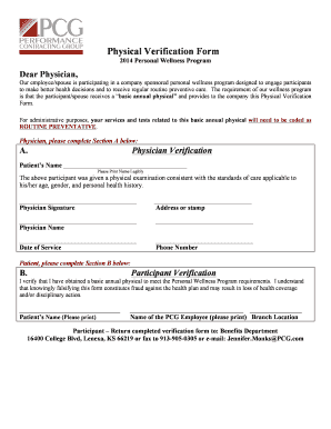 2014 Personal Wellness Program Physical Verification Form